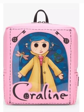 Loungefly Pink Coraline Character Backpack with Yellow Coat Graphic